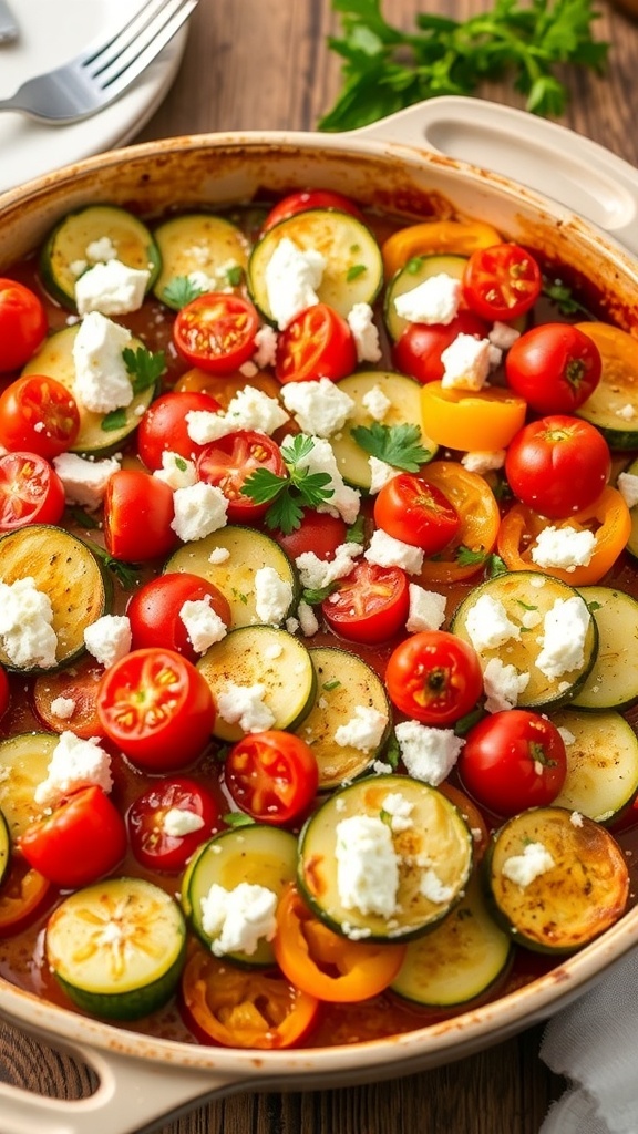 Mediterranean feta vegetable bake with zucchini, bell peppers, cherry tomatoes, and feta cheese in a rustic dish.